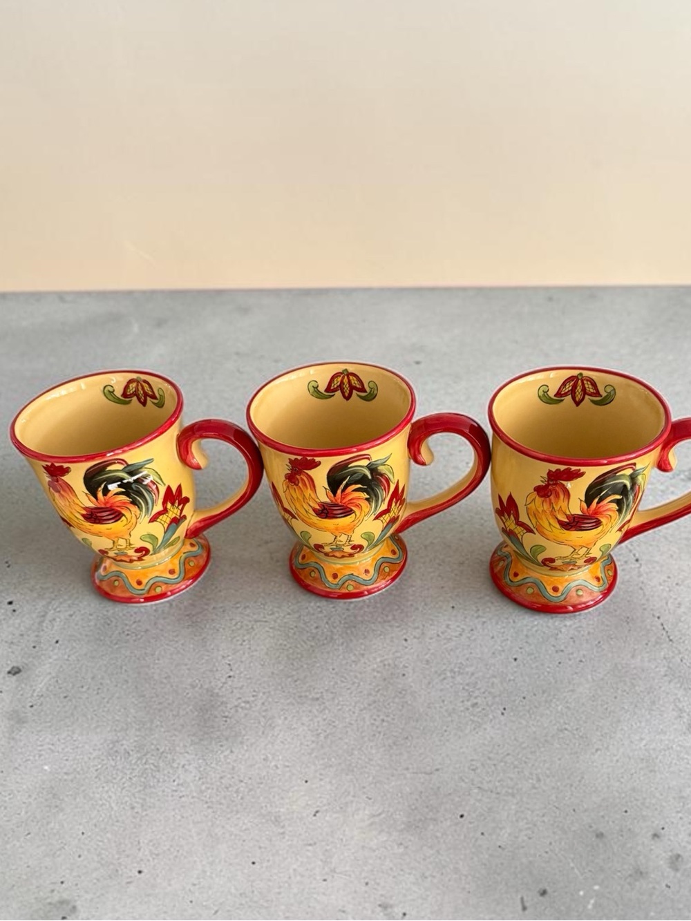 Hand-Painted  Ceramic Rooster Motif footed Coffee Mugs